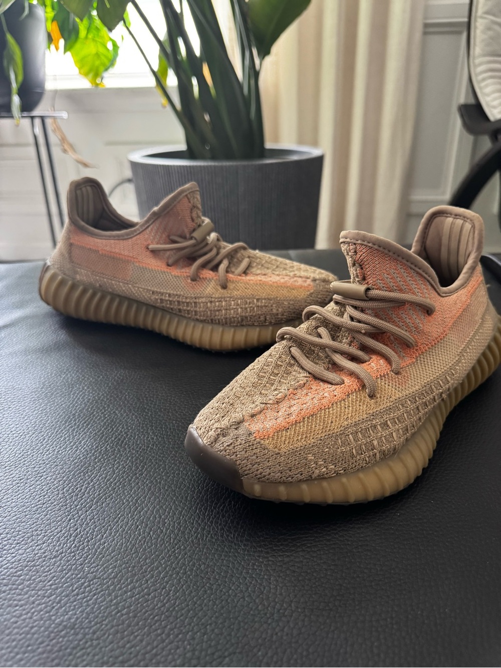Yeezy Kids Knit Sneakers in Tan with Orange Stripe